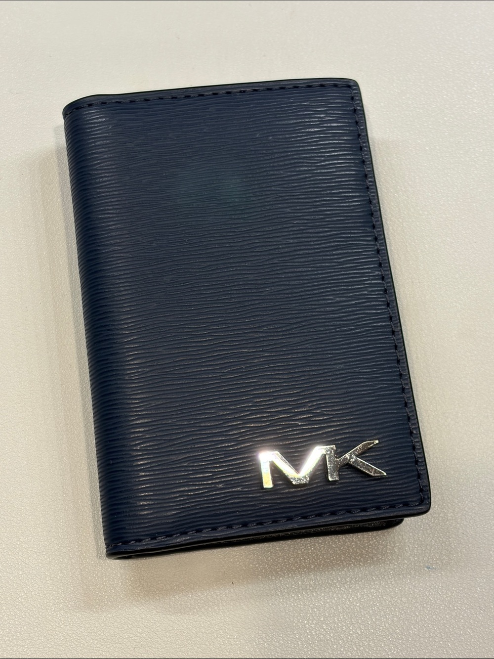 Michael Kors Navy Textured Leather Card & Key Holder with Silver MK Logo
